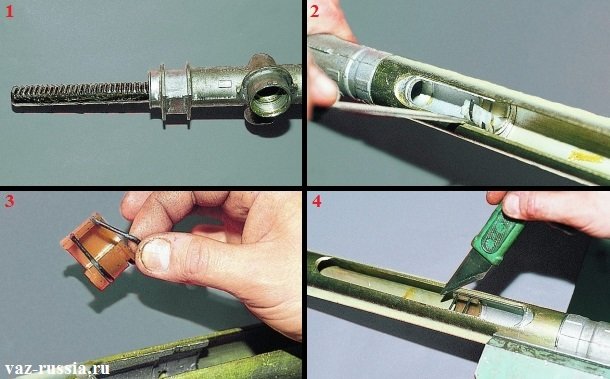 Снятие опорной втулки и вынимание рулевой рейки из картера