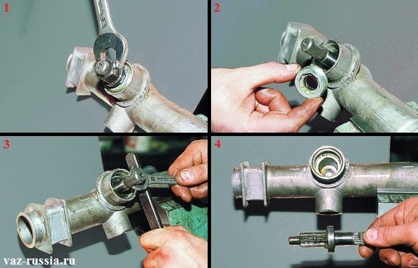 Снятие шестерни в сборе с подшипником посредством выворачивания её из картера рулевой рейки