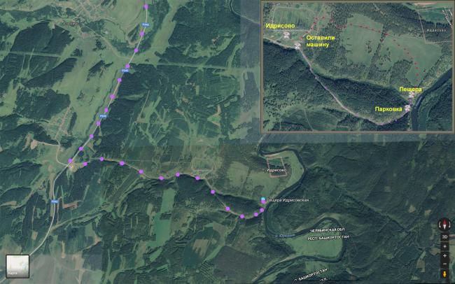 31. Карта со схемой, как добираться до пещеры Идрисовская, что находится на границе Челябинской обрасти и Башкирии (фактически, она располагается на территории соседней республики).